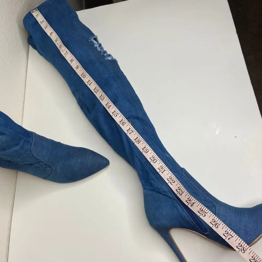 Heart in D Blue Denim Over the Knee Stiletto Boots